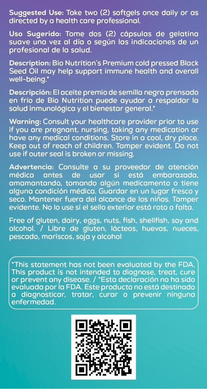 Bio Nutrition Black Seed Oil Premium 90 Softgels | Cold Pressed | Hair & Skin