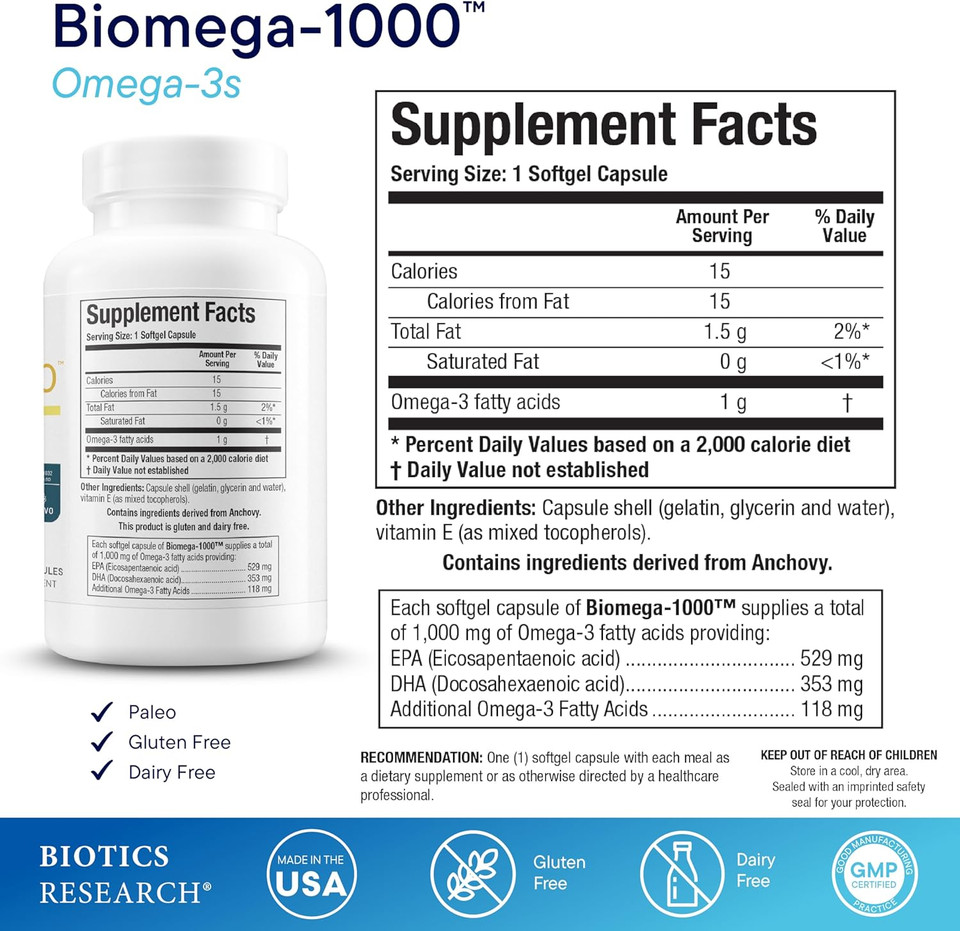 Biotics Research Biomega-1000 Omega 3 Fish Oil With Epa/Dha - High Potency Omega-3 Fatty Acids 1000 Mg- Highly Concentrated Fish Oil For Women & Men Supports Immune, Brain & Heart Health90 Softgels