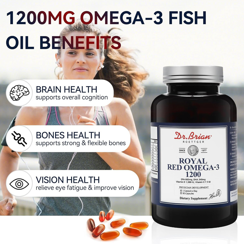 Dr. Brian Royal Red Omega 3 1200, Fish Oil Supplement With Epa And Dha Omega3 Fish Oil Contain Vitamin D,E Omega-3 Support For Physical Health - 90 Soft Gels