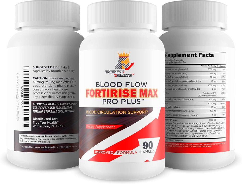 Blood Flow Fortirise Max Pro Plus - Improved Formula - Our Best Blood Flow Supplement For Men - Healthy Blood Flow Support - Blood Circulation Pills - Pressure Supplement Nitric Oxide Blood Flow Pills