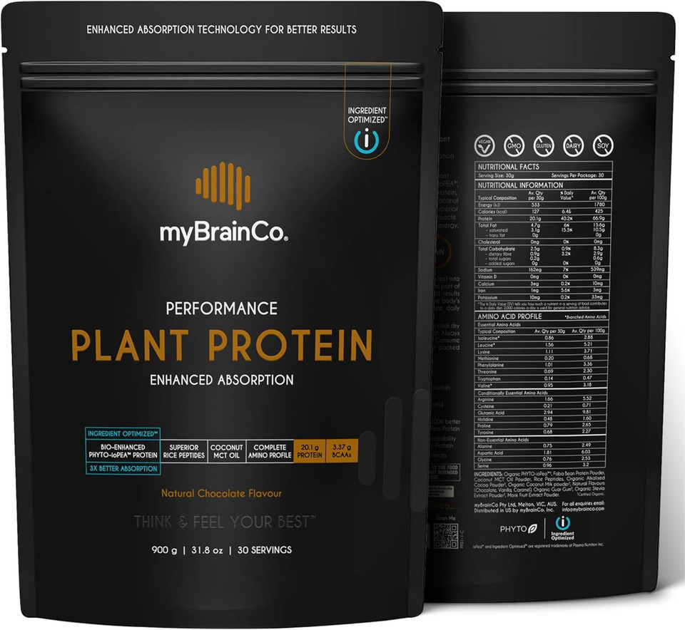 Bio-Optimized Plant Protein Powder  Organic Iopea® + Rice Peptides + Mct Oil  Vegan, Fodmap Certified, No Bloating  Natural Chocolate, 31.8 Oz (30 Servings)