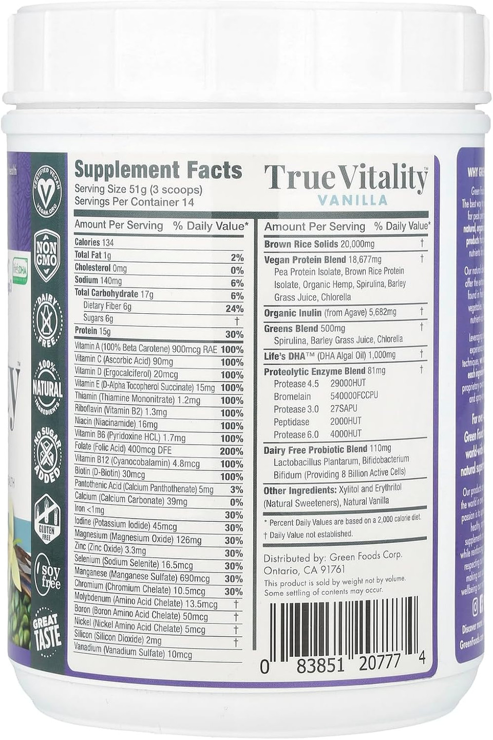 Green Foods True Vitality Plant Protein Shake, Vanilla, 25.2 Ounce