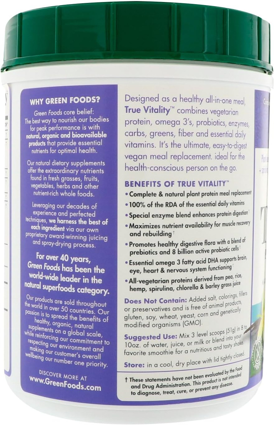 Green Foods True Vitality Plant Protein Shake, Vanilla, 25.2 Ounce