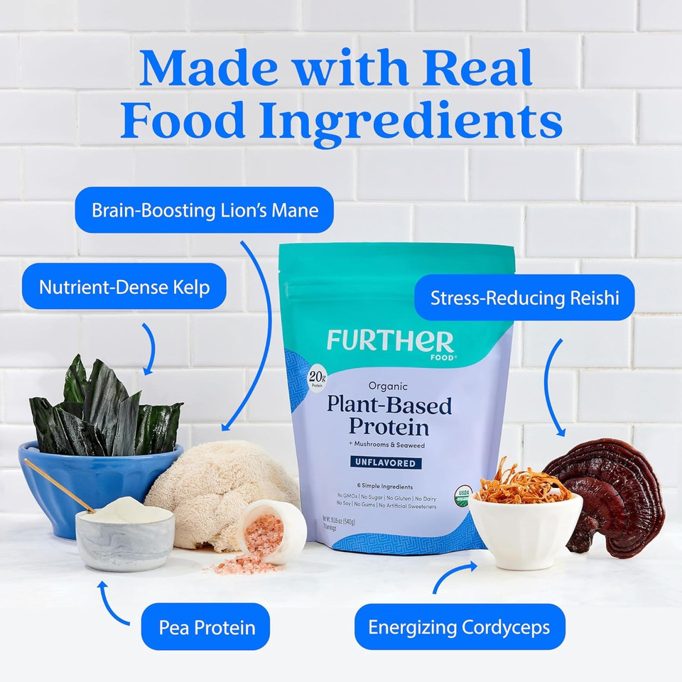 Further Food Organic Vegan Protein Powder Vanilla - 20G Of Plant Based Protein, Organic Protein Powder With Mushrooms & Seaweed, Vegan, Non Gmo, Gluten Free, Dairy Free 19.05 Oz