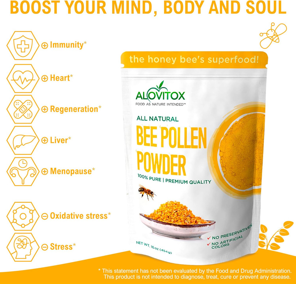 Alovitox Fresh Bee Pollen Powder | 100% Pure, Fresh, Raw | Supports The Immune System | Proteins, Vitamins B6, B12, C, A | Gluten Free, Non-Gmo | 16 Oz