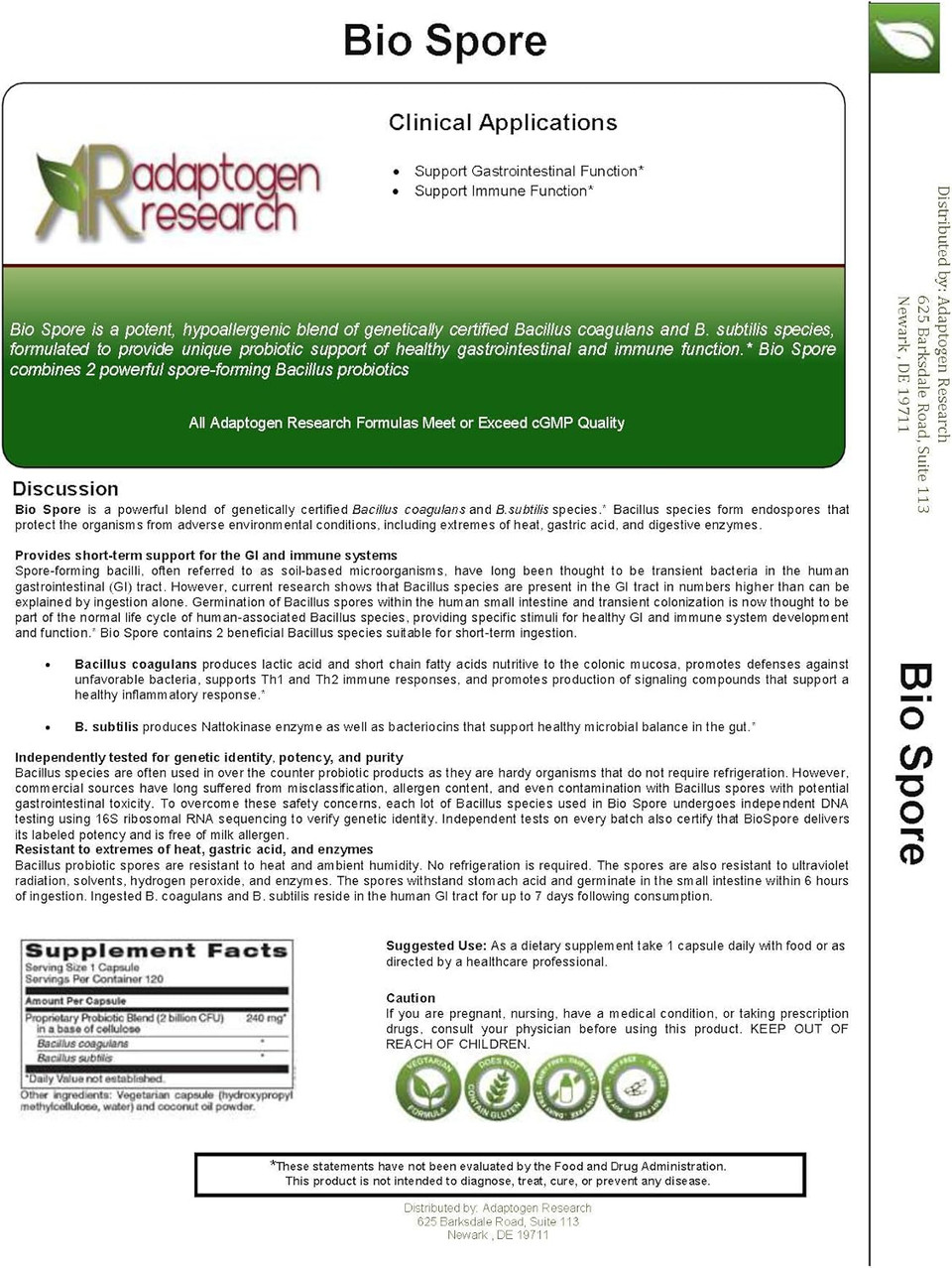 Bio Spore Broad Spectrum Probiotic | Soil-Based (Sbo) & Shelf-Stable 2 Billion Cfu Bacillus Coagulans & Subtilis Spore Forming Probiotic For Men & Women | 120 Vegetarian Capsules | Adaptogen Research