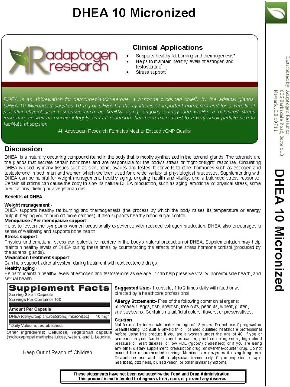 Dhea 10Mg Micronized High Absorption Support Immunity, Brain, Bones, Metabolism And Lean Body Mass 100 Vegetarian Capsules