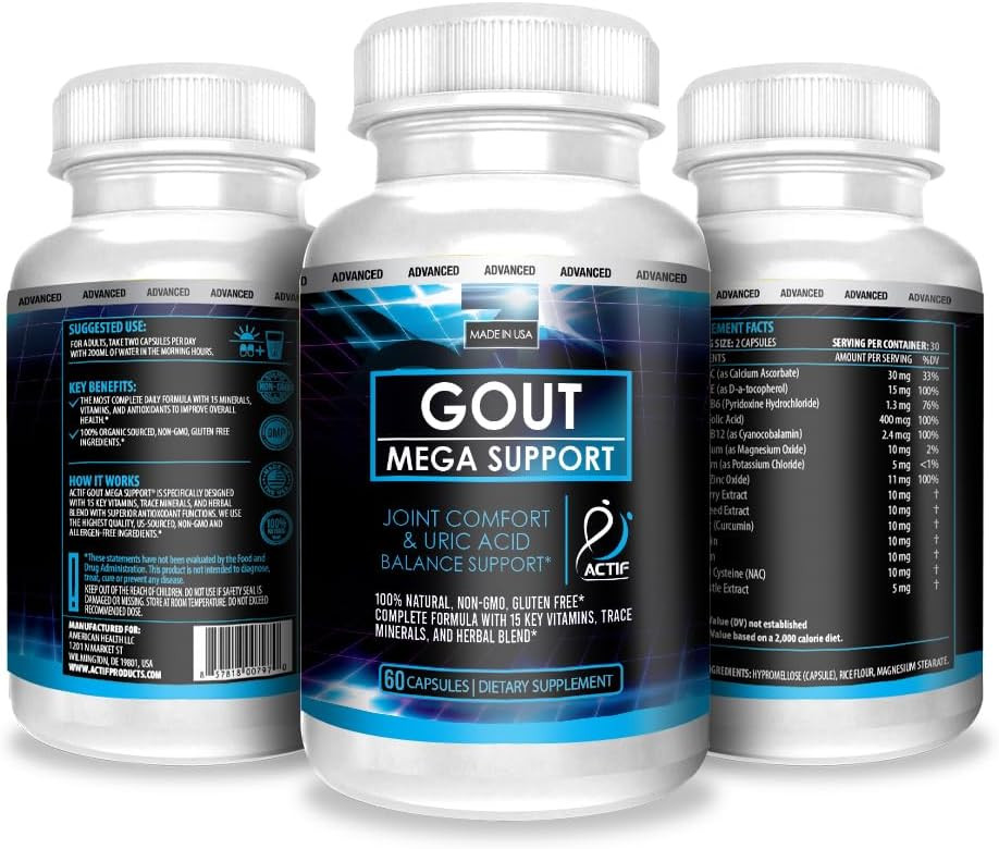 Actif Gout Mega Support With 15 Advanced Factors - Balances Uric Acid Levels - Non-Gmo, Fast-Acting, Made In Usa, 60 Count