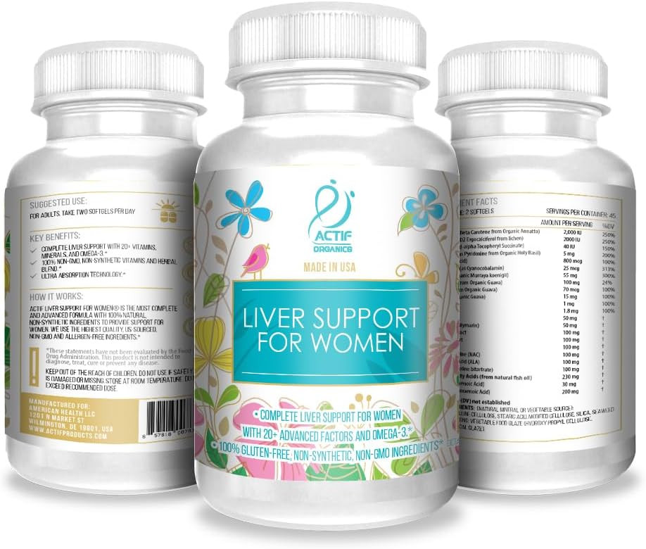 Actif Liver Support For Women With 20+ Advanced Factors And Omega-3 - Non Gmo, Made In Usa, 90 Count