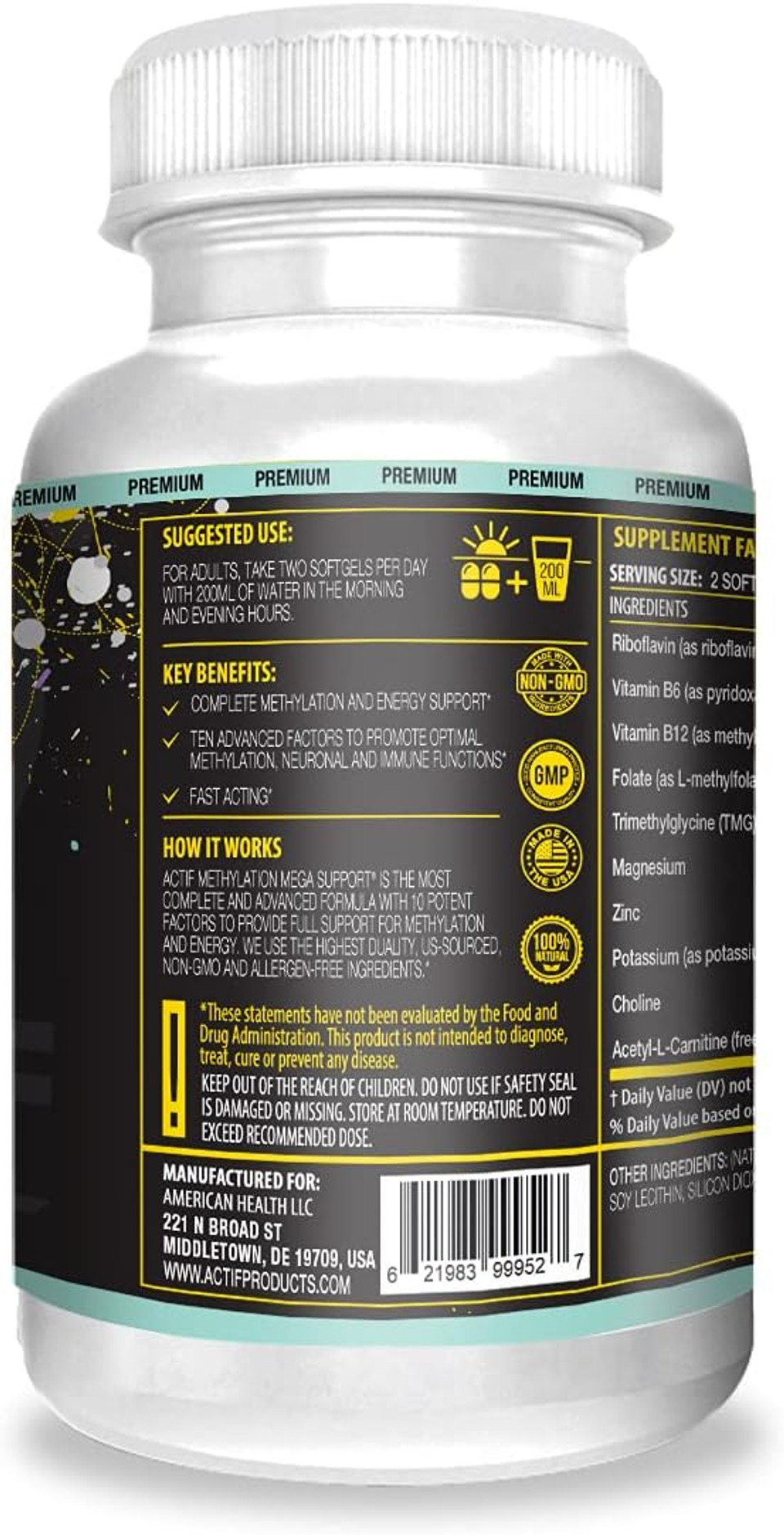 Actif Methylation Mega Support With 10 Advanced Factors And Organic Folate  100% Natural, Non-Gmo, 90 Count, Sterile 4 Oz
