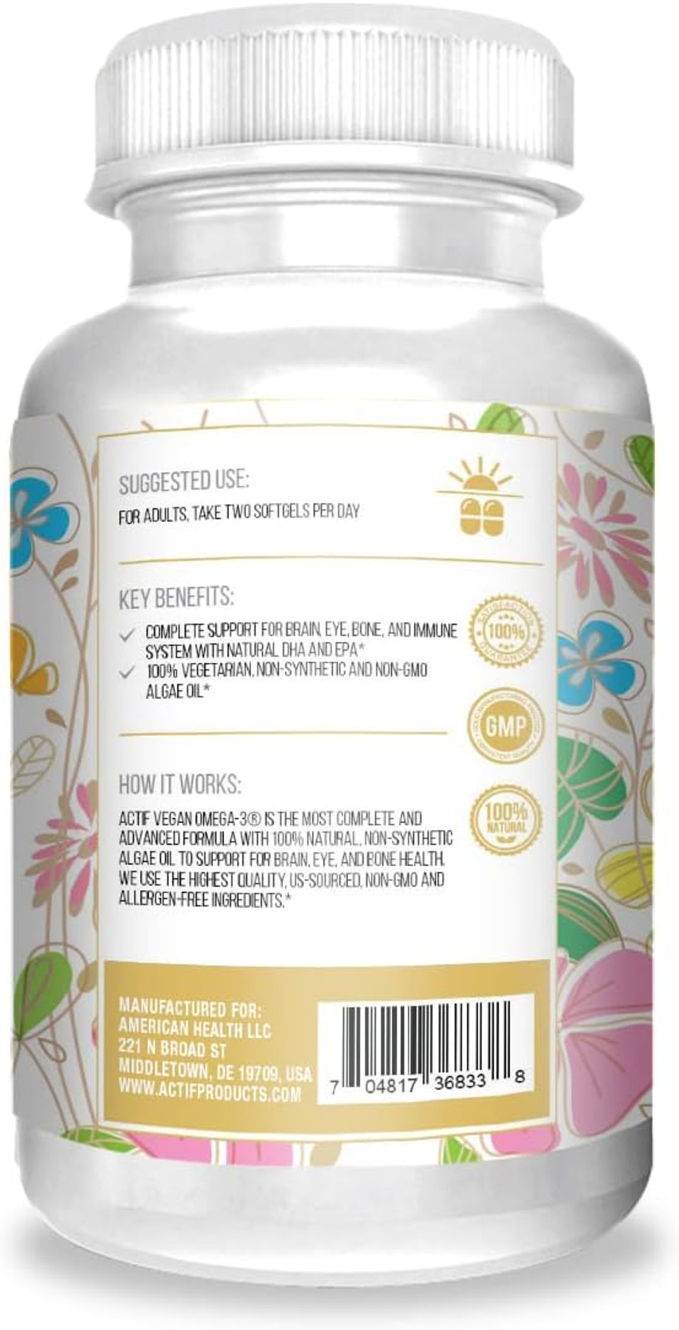 Actif Vegan Omega-3, High Strength Algae Oil Formula, 100% Natural, Organic Dha, Epa, Omega-3 - Non-Gmo, 90 Count Actif Vegan Omega-3, High Strength Algae Oil Formula, 100% Natural, Organic Dha, Epa, Omega-3 - Non-Gmo, 90 Count
