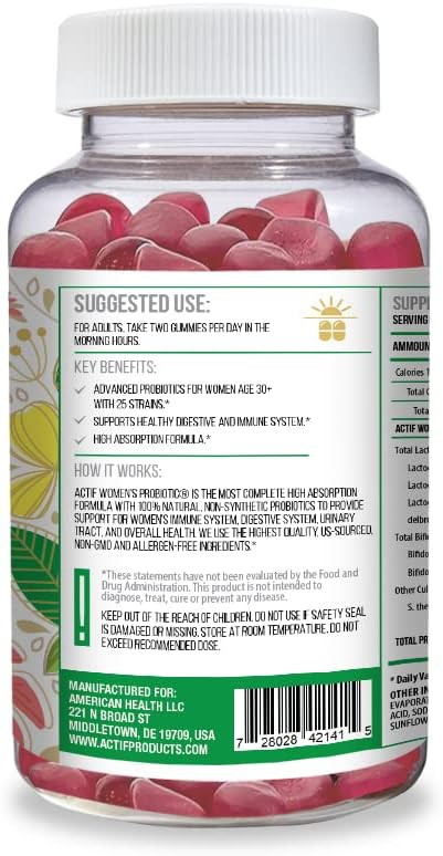 Actif WomenS Probiotic Gummies Maximum Strength With 120 Billion Cfu And 25 Strains, Immunity And Gut Support, 100% Vegan Non-Synthetic Formula - Made In The Usa, 60 Gummies, Strawberry Flavor