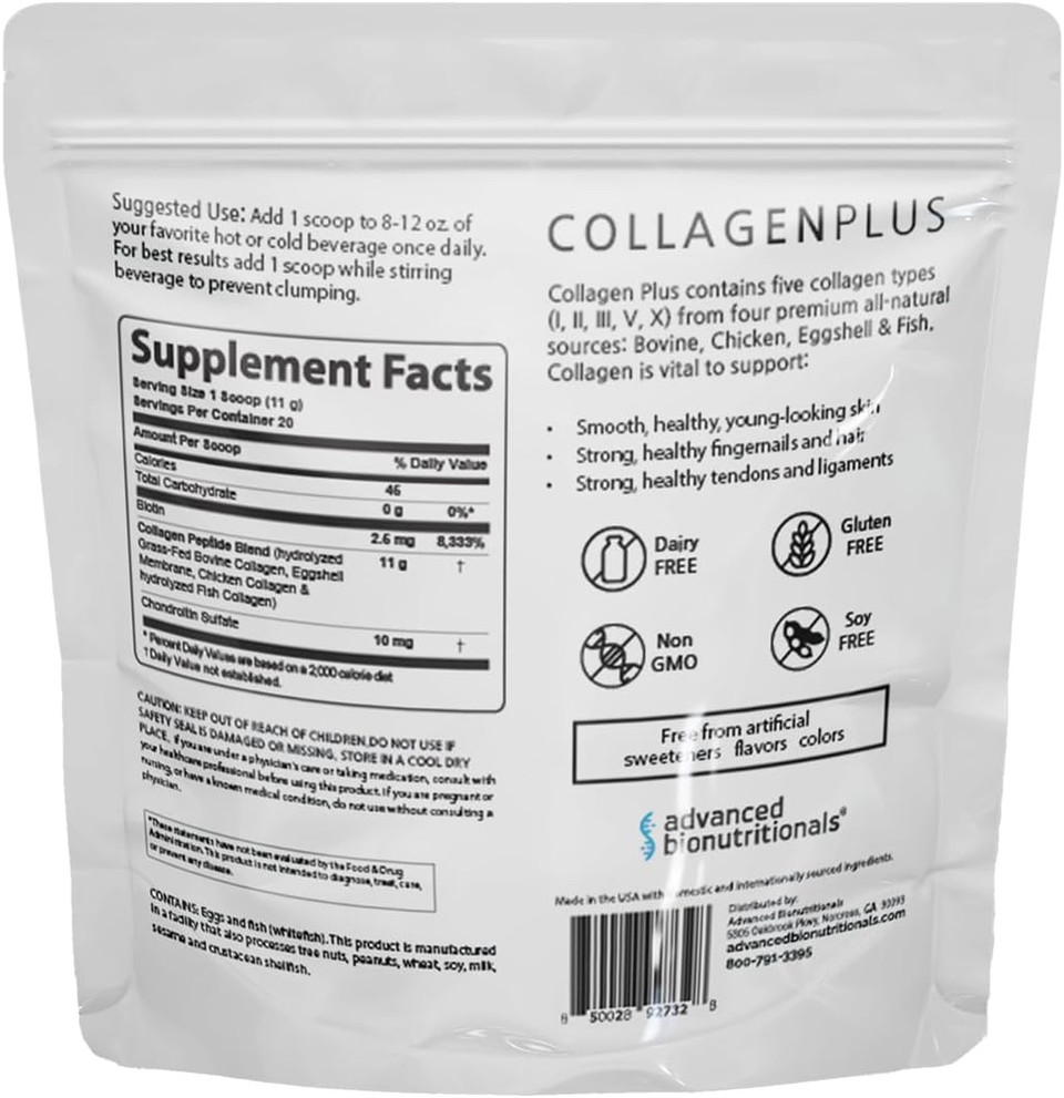 Advanced Collagen Plus Powder  5 Types Of Collagen (I, Ii, Iii, V, X) With Biotin & Chondroitin Sulfate  Supports Skin, Hair, Joints & Nails  Unflavored, Easy-Mix Formula