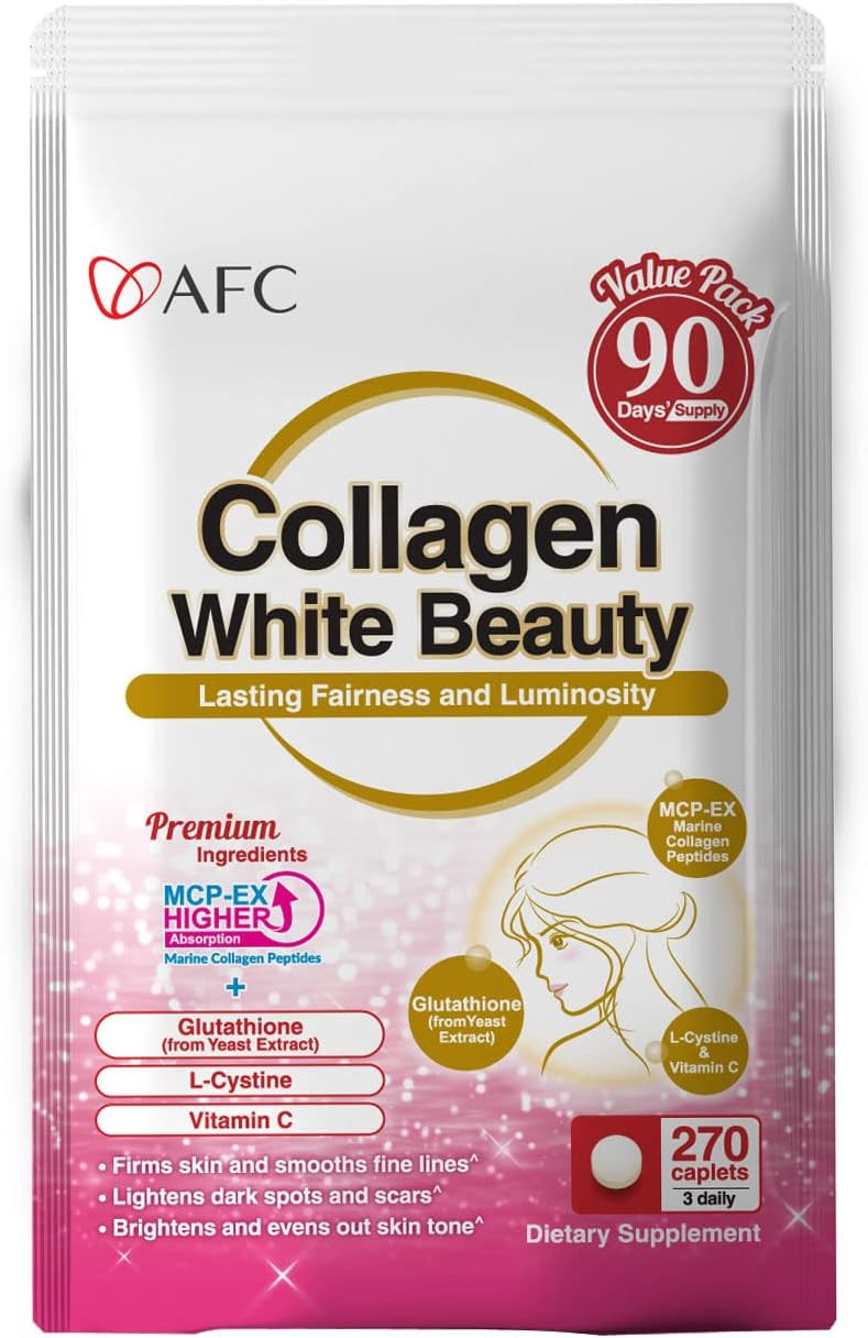 Afc Japan Collagen White Beauty With Marine Collagen Peptide, Glutathione, L-Cystine - 1.5X Better Absorption Than Other Collagen  Supports Skin Firmness & Radiance 90 Days Supply