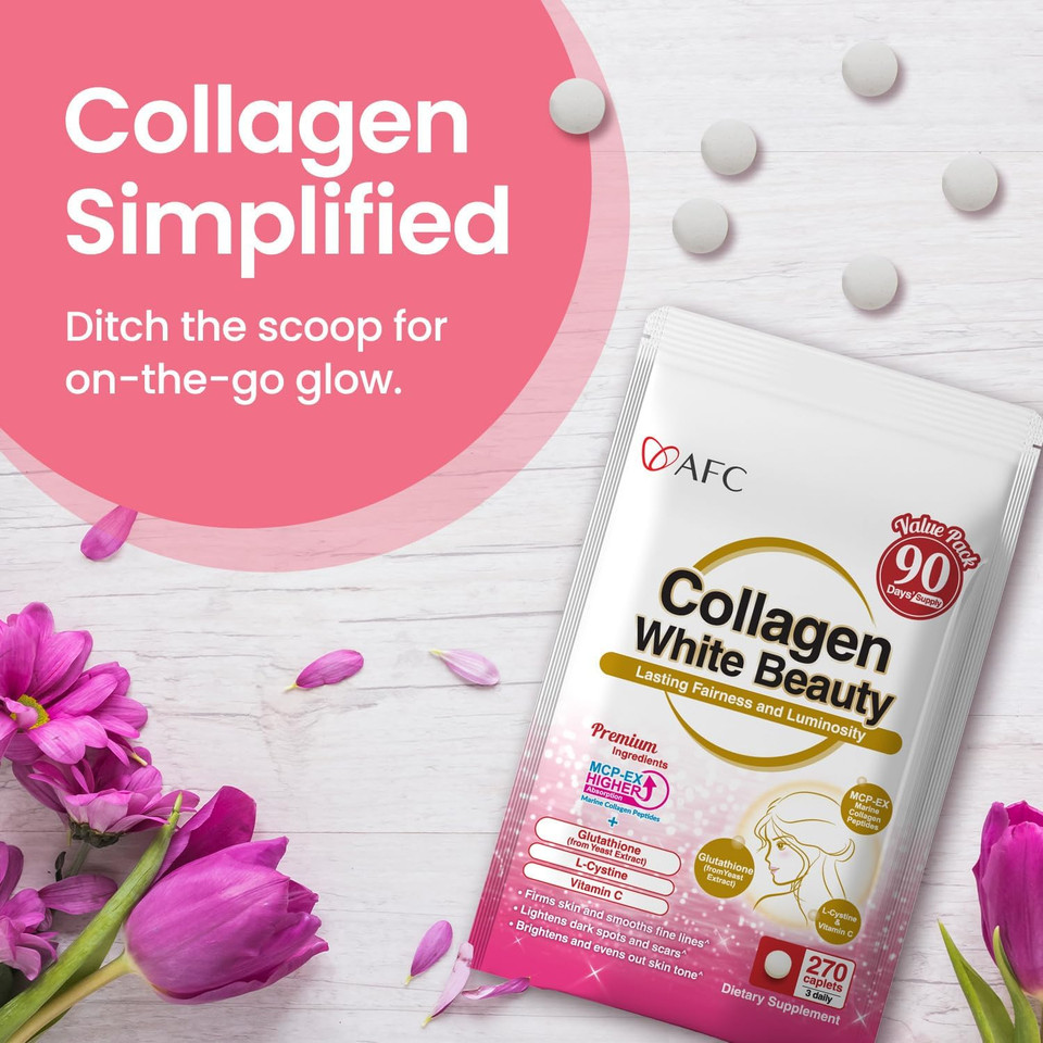 Afc Japan Collagen White Beauty With Marine Collagen Peptide, Glutathione, L-Cystine - 1.5X Better Absorption Than Other Collagen  Supports Skin Firmness & Radiance 90 Days Supply