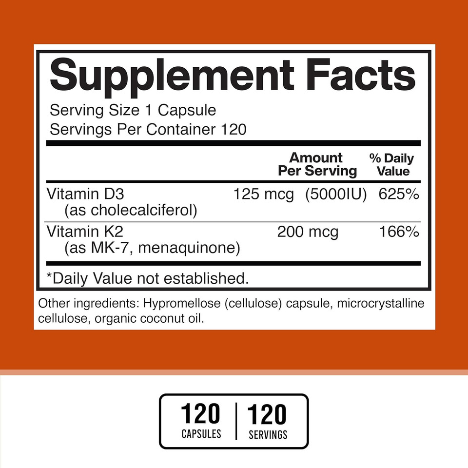 American Standard Supplements Vitamin D3 5000 Iu (125Mcg) Plus Vitamin K2 (Mk7) 200Mcg Per Capsule - Gluten Free, Non-Gmo, 120 Capsules, 120 Servings, 120 Day Supply
