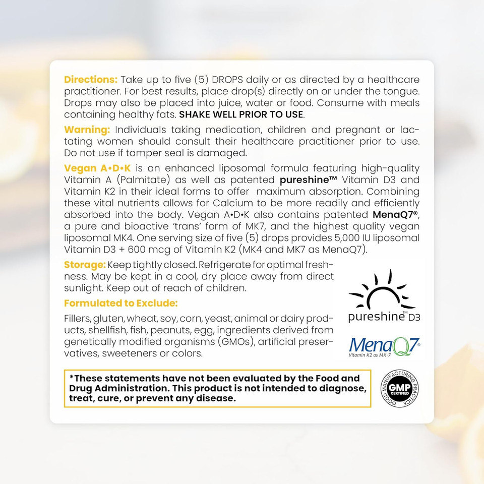 Pure Therapro Rx Vegan A-D-K Drops-6 Mon Supply-Vitamin A(Palmitate & Betacarotene),Liposomal Vitamin D3(As Vegan Cholecalciferol),Liposomal Vitamin K2(Mk-4 & Mk-7)Supports Immunity & Bone Health-20Ml