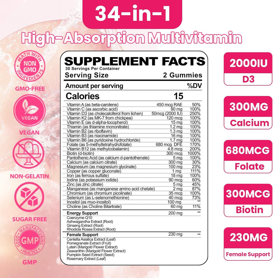 Organic Women'S Multivitamin Gummies: Vegan Vitamin Supplement With Iron B12 D3 Biotin Magnesium Plus Ashwagandha For Hair Skin Health Boost Energy - Sugar Free Methylated Gummy(120Count)