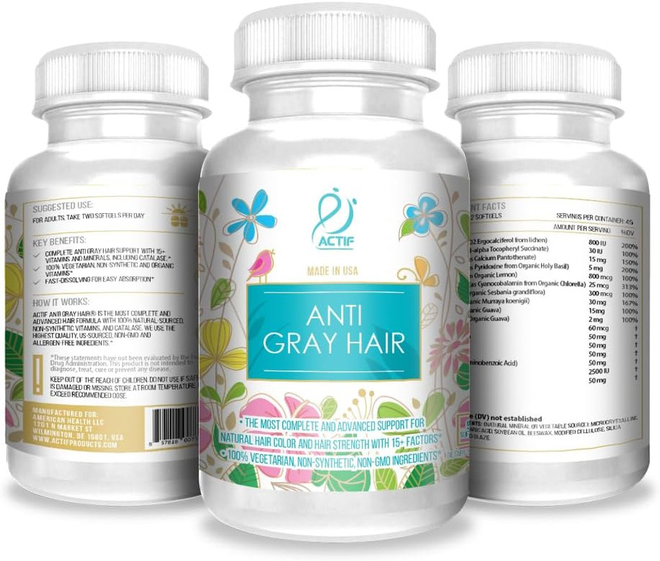 Actif Anti-Gray Hair Mega Support For Women With 15+ Advanced Hair Factors, Catalase, Biotin, Paba, Non-Gmo, Made In Usa, 90 Count
