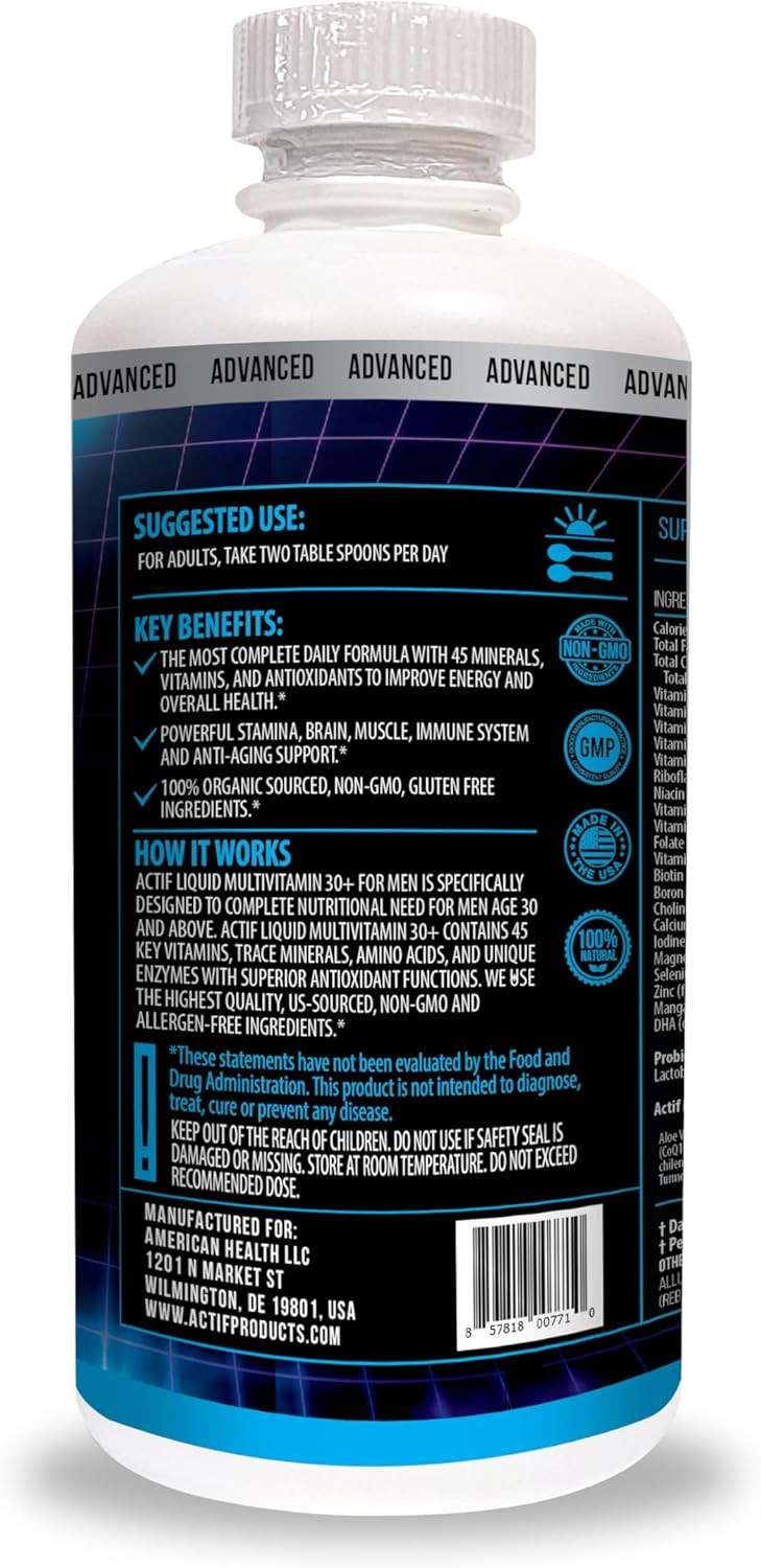 Actif Liquid Daily Multivitamin For Men Age 30+ With 40 Advanced Factors  Non Gmo, Made In Usa, 32Oz, Expiration: 05/2026