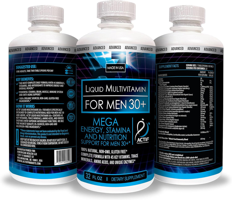 Actif Liquid Daily Multivitamin For Men Age 30+ With 40 Advanced Factors  Non Gmo, Made In Usa, 32Oz, Expiration: 05/2026