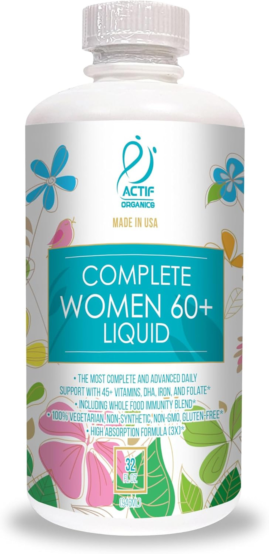Actif Liquid Daily Multivitamin For Women Age 60+ With 45+ Advanced Factors  Non Gmo, Made In Usa, 32Oz, Expiration Date: 10/2026