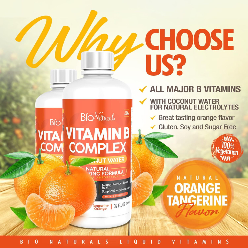 Bio Naturals Vitamin B Complex Liquid Supplement - 100% Natural Energy Boost With Vitamins B1 B2 B3 B5 B6 B12 & Organic Coconut Water For Stress, Mental Focus & Healthy Immune System - 32 Fl Oz