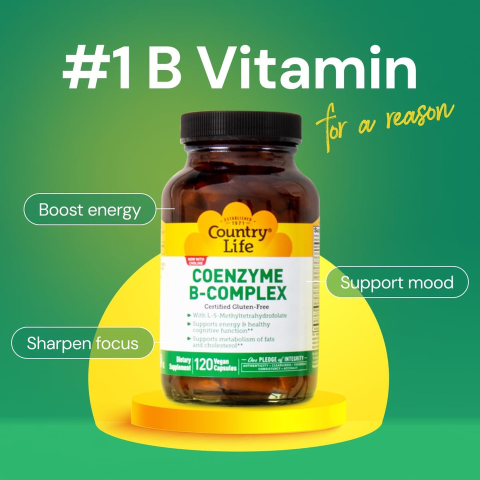 Country Life Coenzyme B-Complex, 120 Capsules  Supports Energy & Metabolism, Mood & Cognitive Function  Vegan, Gluten-Free, Bioavailable B Vitamins With Choline