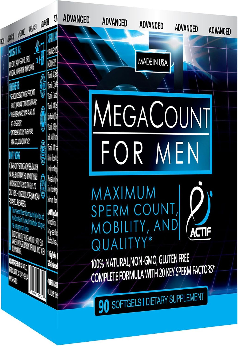 Actif Megacount For Men - Maximum Fertility Support And Sperm Count Booster, Clinically Proven To Improve Sperm Count And Motility - Non-Gmo, Made In Usa, 90 Count