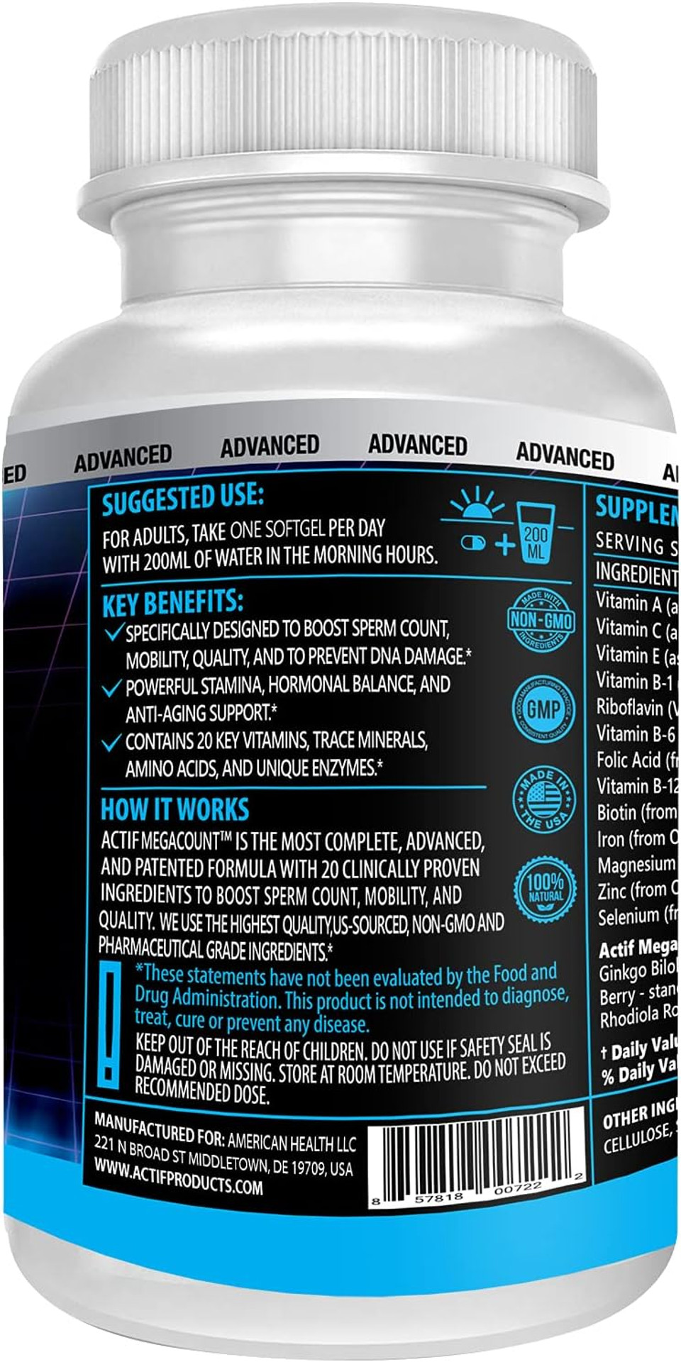 Actif Megacount For Men - Maximum Fertility Support And Sperm Count Booster, Clinically Proven To Improve Sperm Count And Motility - Non-Gmo, Made In Usa, 90 Count