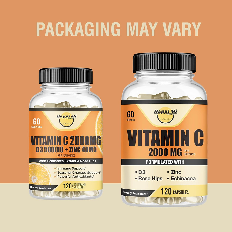 Vitamin C 2000Mg, Zinc 40 Mg, Vitamin D3 5000 Iu, Echinacea Extract, Rose Hip, Immune Support For Adults & Kids, Immune Booster,120 Vegan Caps, 60 Day Supply, Non Gmo, No Filler