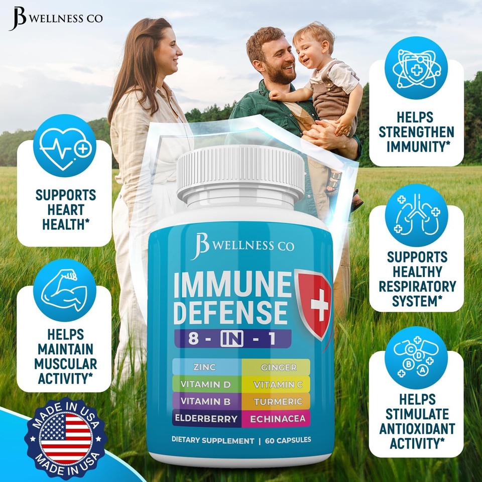 Immune Support 8 In 1 Capsules - Zinc Supplement, Vitamin D3, Vitamin C And Elderberry - Immune Booster Ginger Root, And Turmeric - [2-Pack]