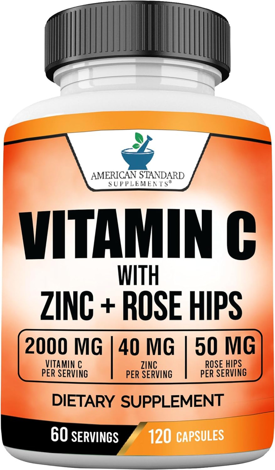 American Standard Supplements Vitamin C 2000Mg, Zinc 40Mg, And Rose Hips 50Mg Per Serving  Vegan, Gluten Free, Non-Gmo (120 Count)