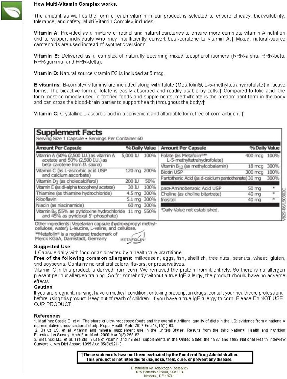 Multi-Vitamin Complex | Once Daily Multivitamin Supplement With Folate As Metafolin L-5-Mthf B12 As Methylcobalamin Vitamin A C D3 And More| Enhanced Absorption & Bioavailability | 60 Vegetarian Caps