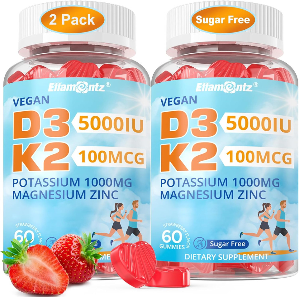 Vitamin D3 5000 Iu & K2 (Mk-7) 100 Mcg Gummies, Vegan D3 K2 Supplement W/1000 Mg Potassium Citrate, Magnesium Glycinate & Zinc For Bone, Muscle, Nerve, Electrolyte & Immune Support, Sugar Free, 120Cts