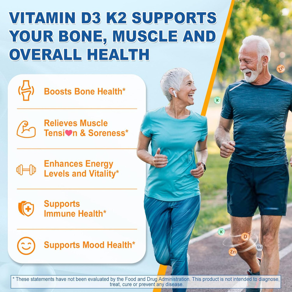 Vitamin D3 5000 Iu & K2 (Mk-7) 100 Mcg Gummies, Vegan D3 K2 Supplement W/1000 Mg Potassium Citrate, Magnesium Glycinate & Zinc For Bone, Muscle, Nerve, Electrolyte & Immune Support, Sugar Free, 60Cts