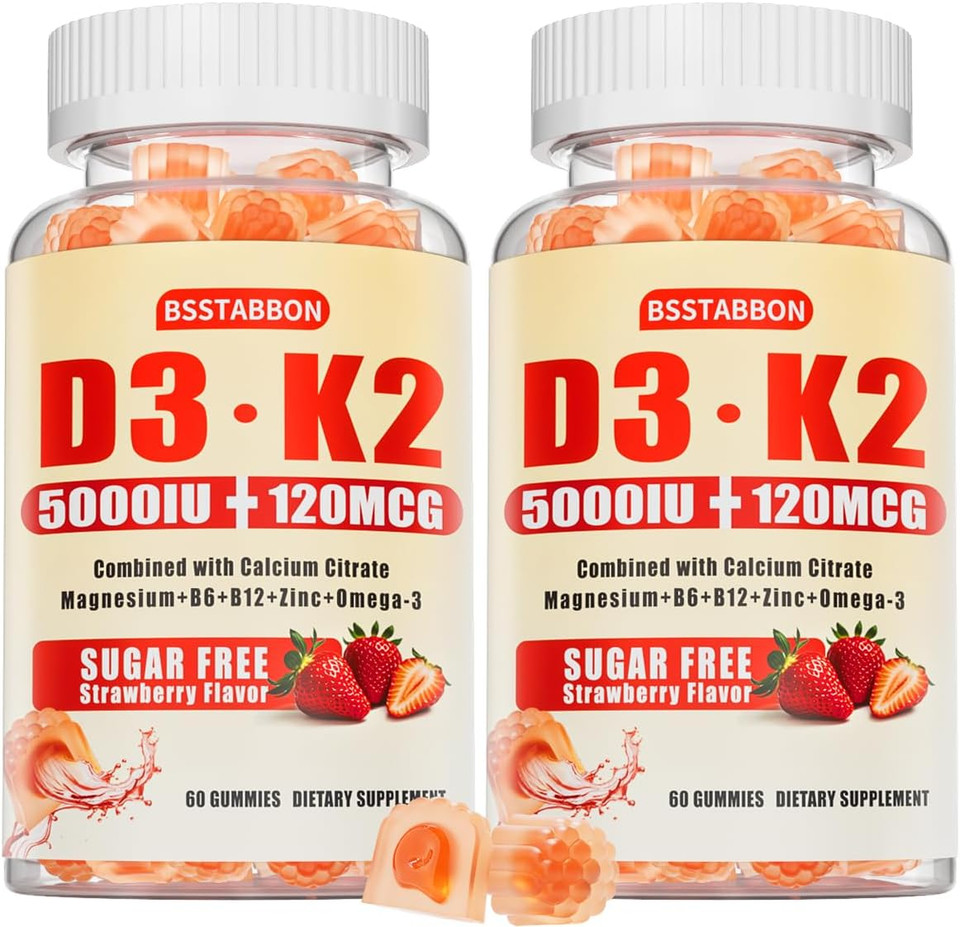 Vitamin D3 K2 Gummies For Women: Sugar Free Chewable 5000 Iu D3 + 120 Mcg K2 (Mk-7) Supplement With Magnesium Omega-3 Zinc Calcium Methyl B12 For Immune Health - High Absorption For Adults(120Count)