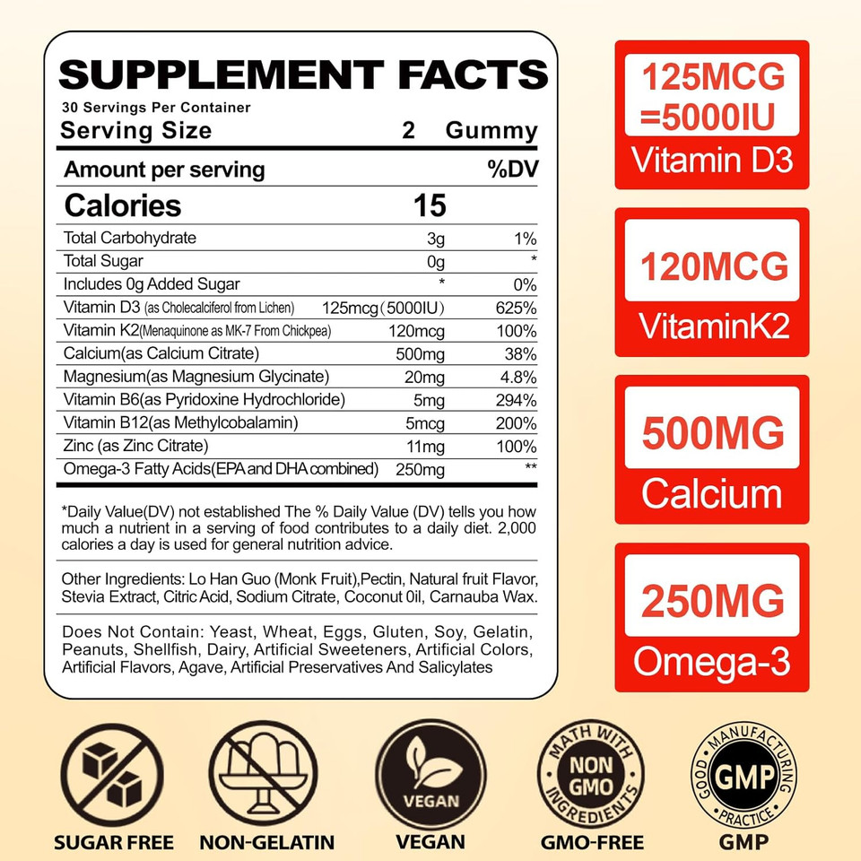Vitamin D3 K2 Gummies For Women: Sugar Free Chewable 5000 Iu D3 + 120 Mcg K2 (Mk-7) Supplement With Magnesium Omega-3 Zinc Calcium Methyl B12 For Immune Health - High Absorption For Adults(60Count)