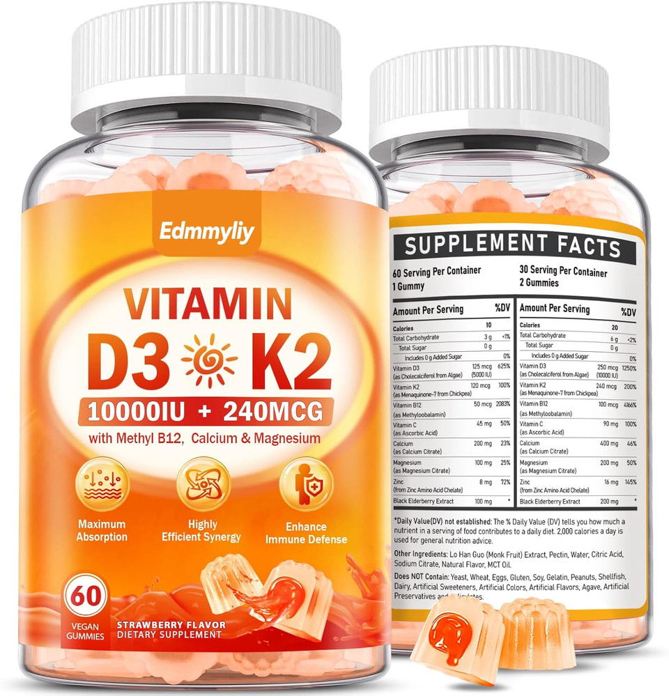 Vitamin D3 Supplement 10000Iu For Adult - Vitamin D3 5000Iu / 10000Iu Gummies With K2, Methyl B12, Calcium, Magnesium, Zinc And Elderberry For Women & Men - Sugar-Free, Vegan Vitamin D Gummies
