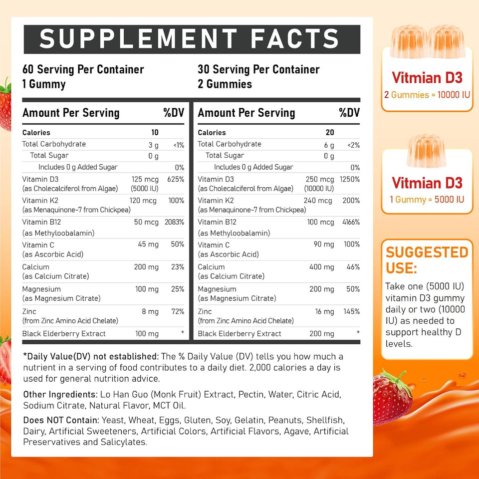 Vitamin D3 Supplement 10000Iu For Adult - Vitamin D3 5000Iu / 10000Iu Gummies With K2, Methyl B12, Calcium, Magnesium, Zinc And Elderberry For Women & Men - Sugar-Free, Vegan Vitamin D Gummies