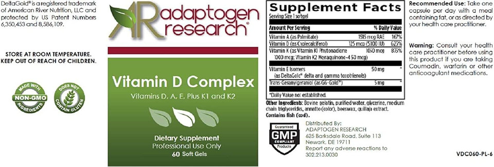 Vitamin D Complex | D3 5000Iu With Vitamin A, E (Tocopherols And Tocotrienols), K1 + K2 | Fat Soluble Vitamins Blend | 60 Softgels