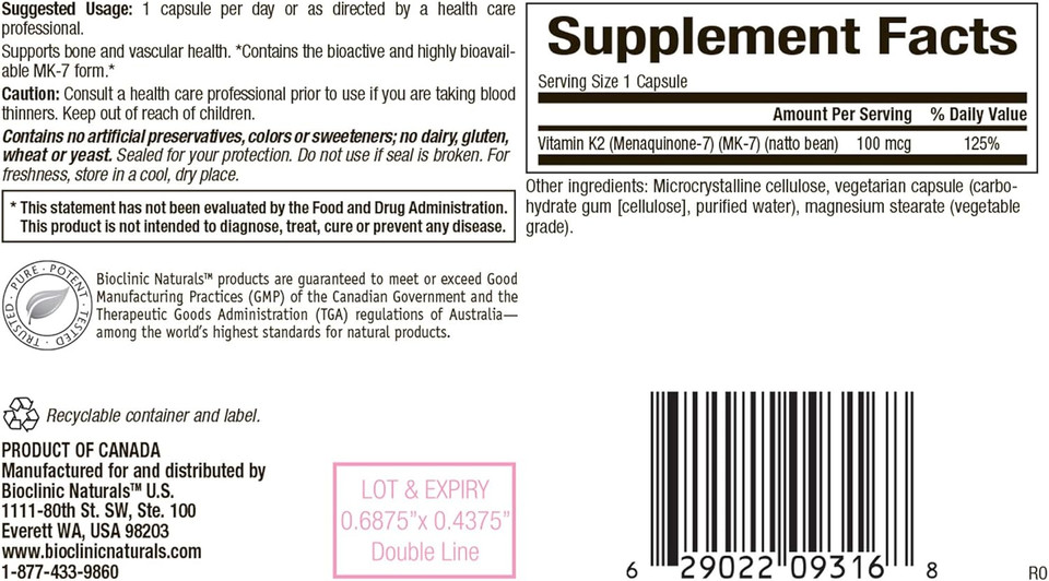 Vitamin K2 100Mcg 90 Capsules - 3 Pack - Bioclinic Naturals