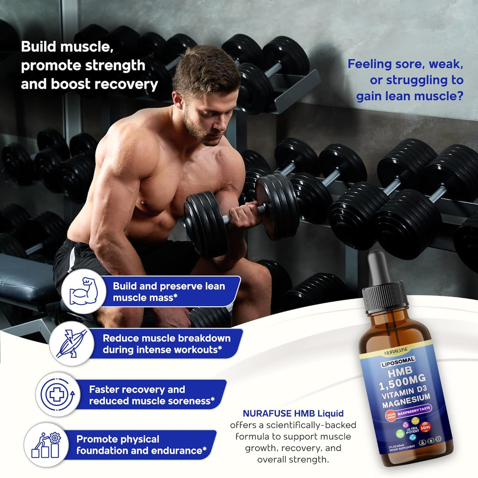 Liposomal Hmb 1500Mg, Vitamin D3, Magnesium Liquid Drops  Ultra Potent, Raspberry Taste, Usa Made & Lab Tested  2 Fl Oz (60Ml)