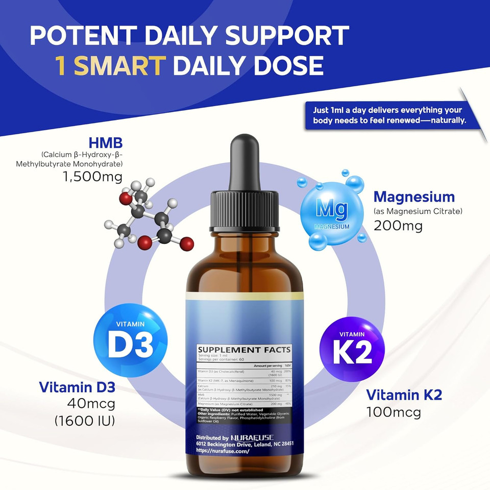 Liposomal Hmb 1500Mg, Vitamin D3, Magnesium Liquid Drops  Ultra Potent, Raspberry Taste, Usa Made & Lab Tested  2 Fl Oz (60Ml)