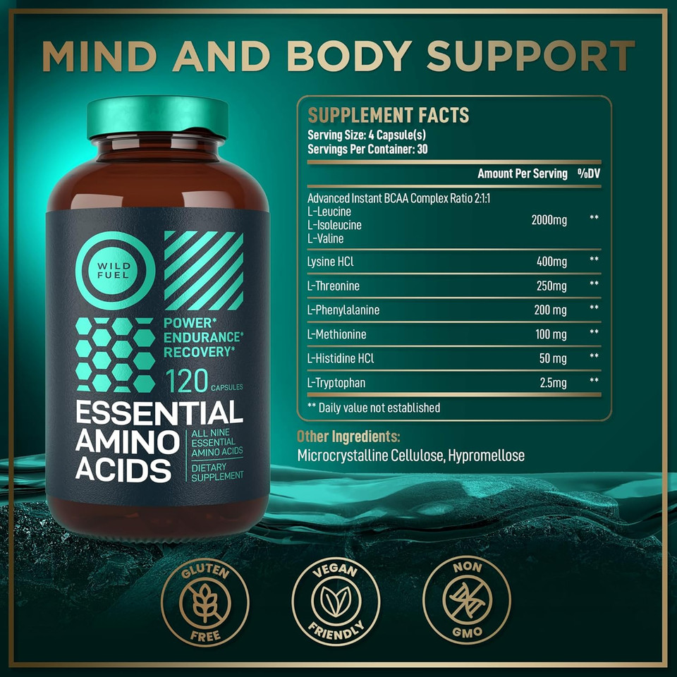 Wild Fuel Essential Amino Acids Supplement For Women And Men - All 9 Bcaas Amino Acid Complex For Power And Recovery - Eaa Lysine, Tryptophan, Isoleucine - 2 Pack 240 Vegan Bcaa Capsules Wild Fuel Essential Amino Acids Supplement For Women And Men - All 9 Bcaas Amino Acid Complex For Power And Recovery - Eaa Lysine, Tryptophan, Isoleucine - 2 Pack 240 Vegan Bcaa Capsules