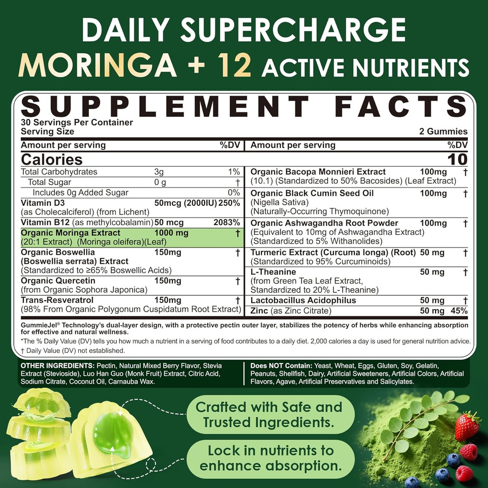 Moringa Gummies For Adults, 13-In-1 Extra Strength Green Superfood W/Vitamin B12 D3, Turmeric, Quercetin, Boswellia, Trans-Resveratrol, Ashwagandha For Energy, Antioxidant & Immune,Sugar-Free,60 Chews