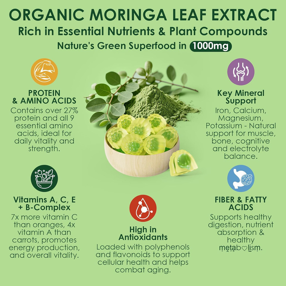 Moringa Gummies For Adults, 13-In-1 Extra Strength Green Superfood W/Vitamin B12 D3, Turmeric, Quercetin, Boswellia, Trans-Resveratrol, Ashwagandha For Energy, Antioxidant & Immune,Sugar-Free,60 Chews