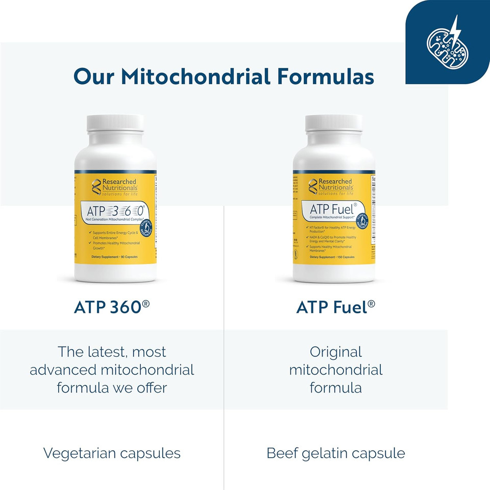 Researched Nutritionals Atp 360 Mitochondrial Supplements - Atp Supplements With Coq 10 & Vitamins For Energy Support - Help Repair Mitochondrial Membranes (90 Capsules)
