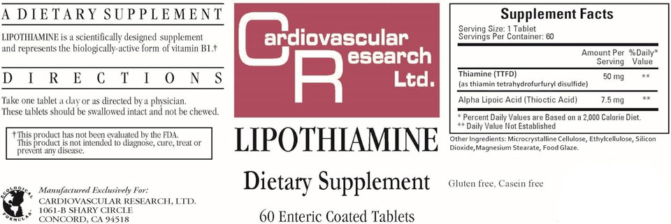 Cardiovascular Research Lipothiamine Vitamin B1 With Alpha-Lipoic Acid Tamper Resistant Tearstrip Shipping Box 60 Count