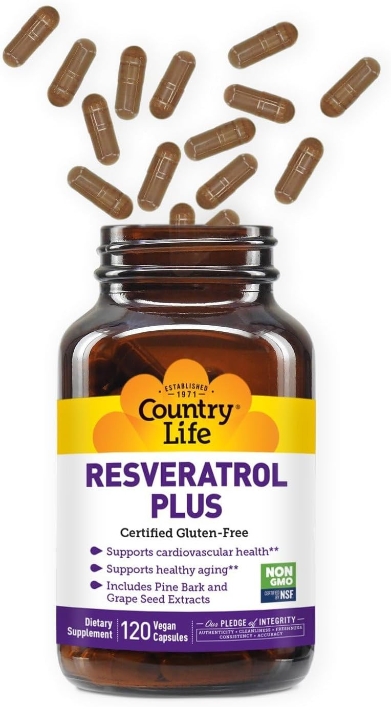 Country Life Resveratrol Plus 1000Mg - Organic Antioxidant Supplement With Pine Bark & Grape Seed Extracts - Vegan, Gluten-Free, Non-Gmo